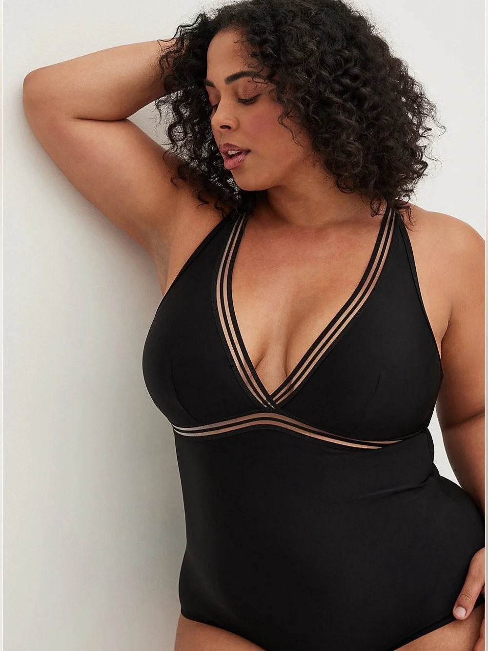 Torrid plus size Shadow Stripe Inset wireless one piece swimsuit black size 4X